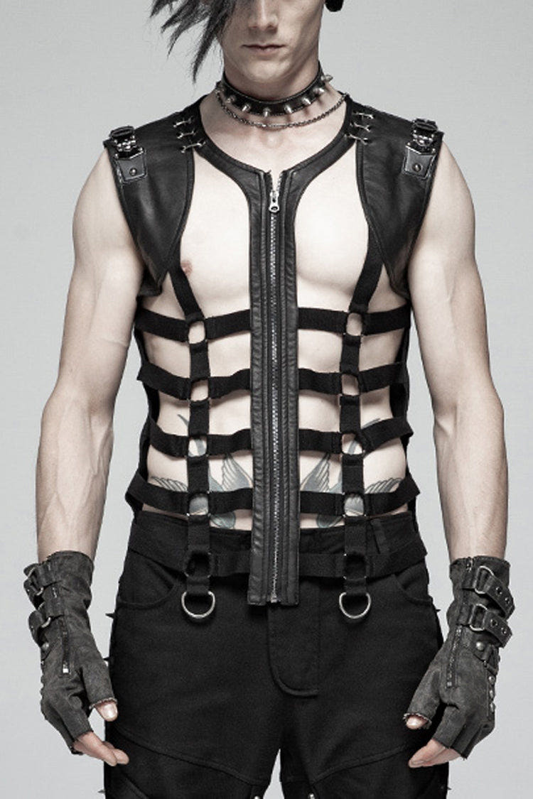 Black Sleeveless Metal Buckles Hollow Faux Leather Men's Steampunk Vest - Black - 1