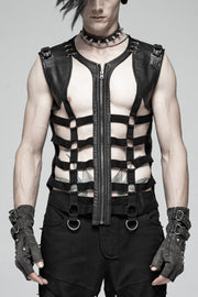 Black Sleeveless Metal Buckles Hollow Faux Leather Men's Steampunk Vest - Black - 1