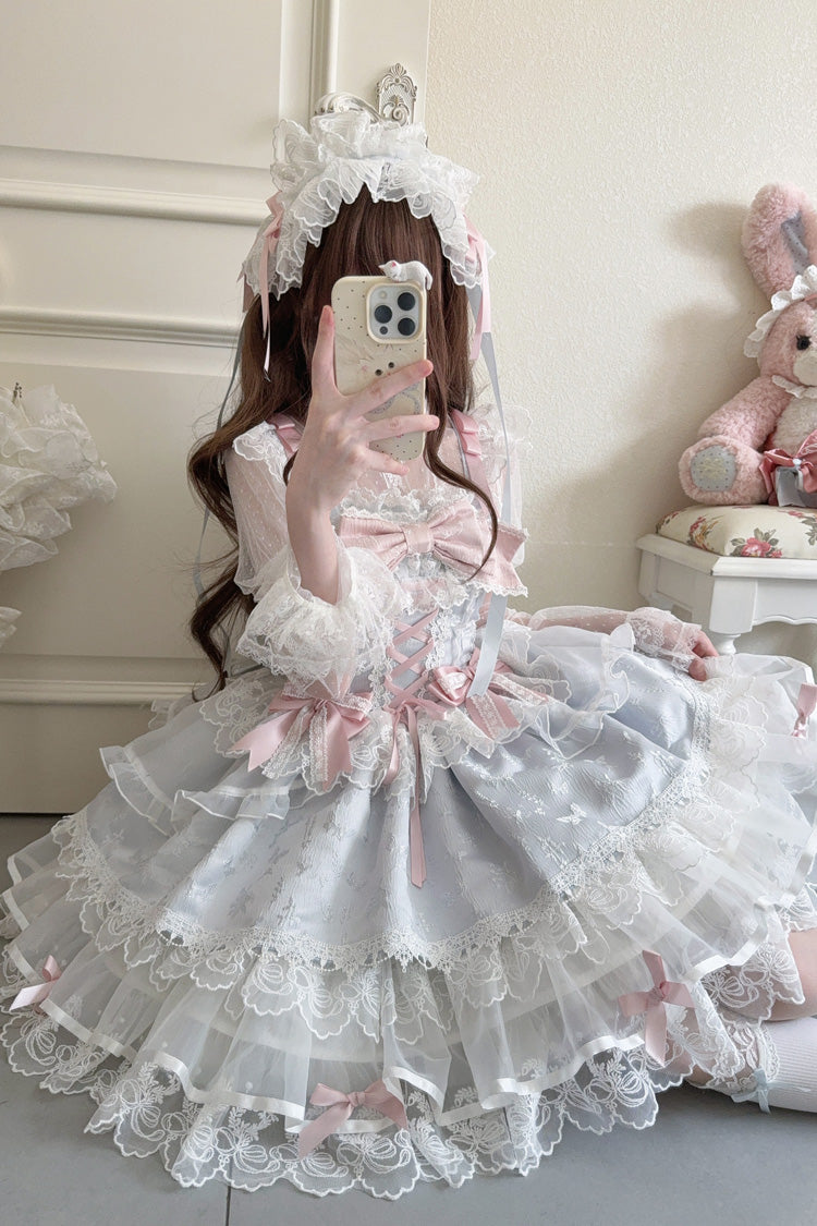 Blue [Fleishi Island] Sleeveless Ruffle Bowknot Lace Slim Sweet Ballet Lolita Jsk Dress - Product - 6