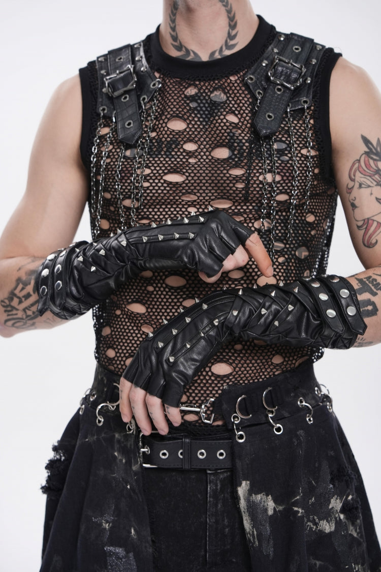 Black Studded Men's Punk Cool Fingerless Gloves - Product - 10
