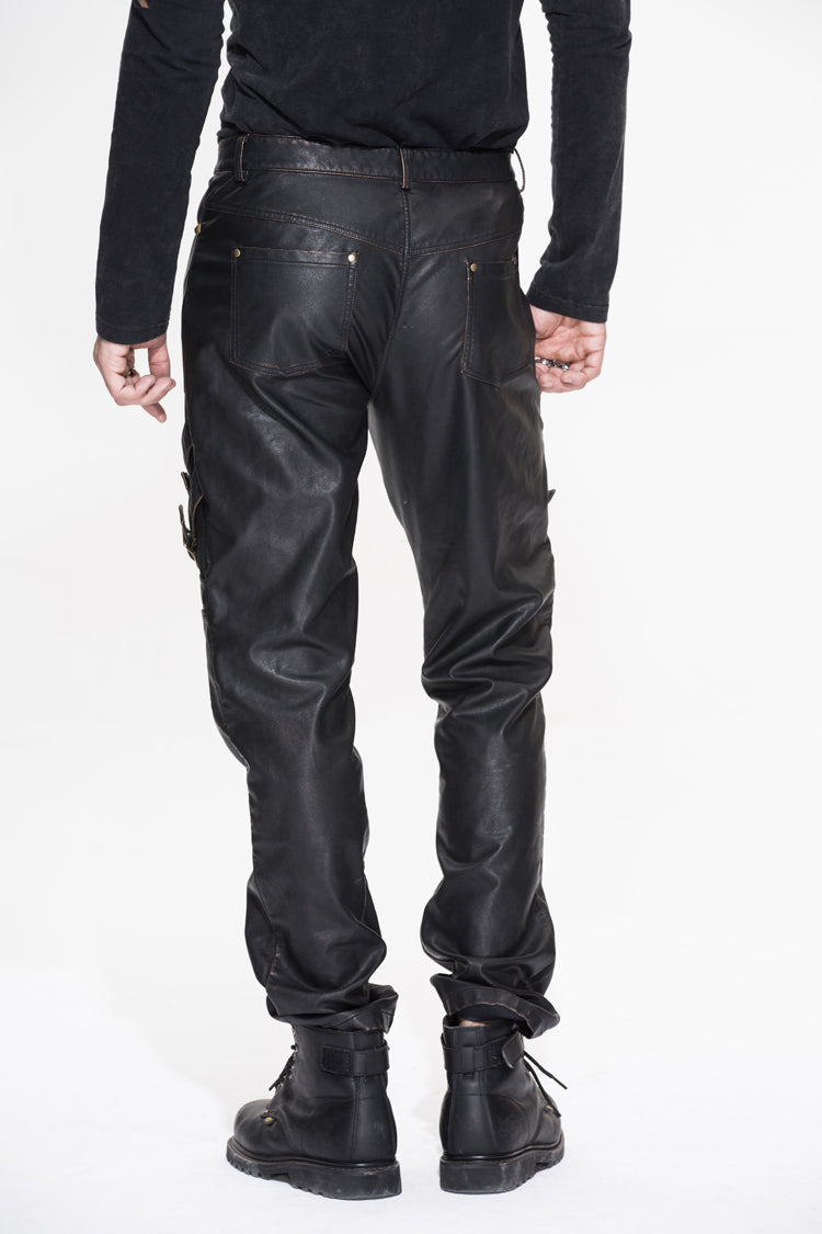 Bronze Multi Loops Zipper Metal Inlay Bandage Hand Rubbed Leather Men's Punk Pants - Product - 3