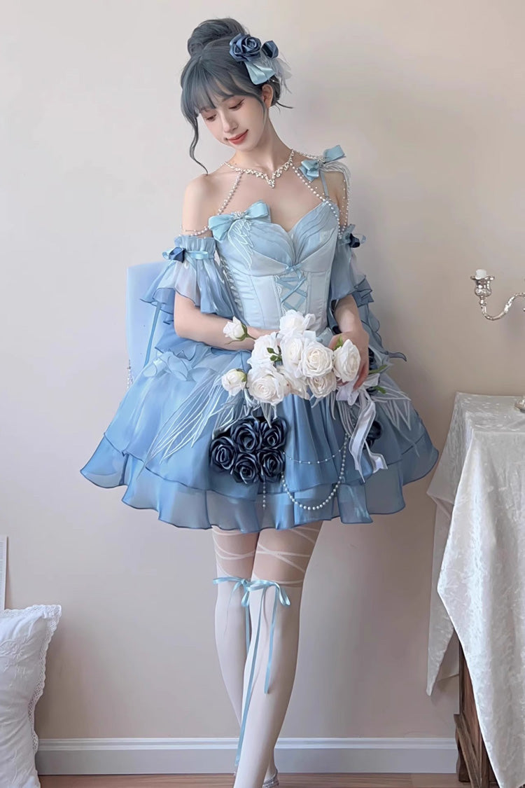 Sky Blue [Swan Wonderland] Embroidery Bowknot Lace-Up Sweet Ballet Lolita Jsk Dress Short Version - Product - 4