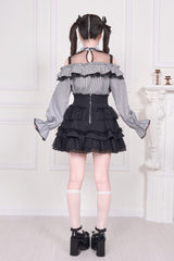Jirai Kei Off Shoulder Long Sleeves Print Bowknot Lace-Up Sweet Japanese Blouse 3 Colors - Product - 6