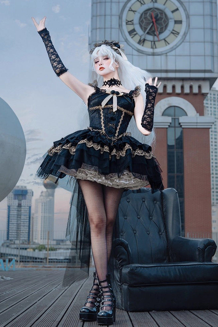 Black [Fleeting Light and Shallow Dream] Sleeveless Multi-Layered Ruffle Bowknot Lace Slim Gothic Ballet Lolita Jsk Dress - Product - 5