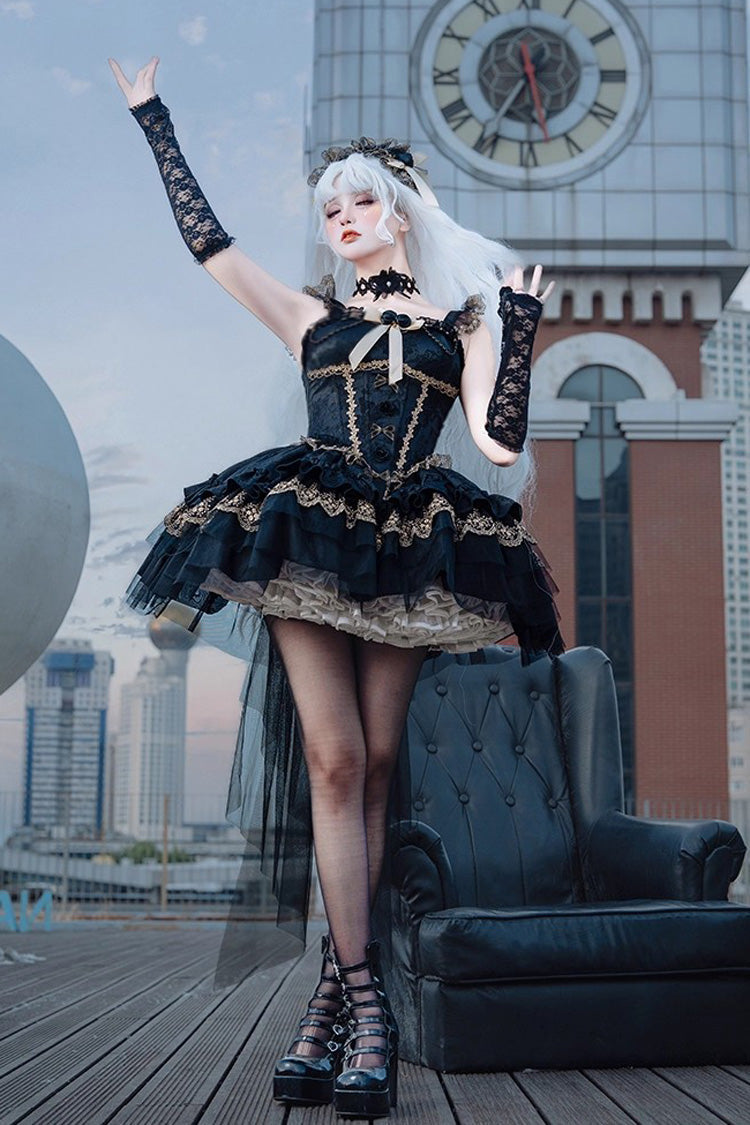 Black [Fleeting Light and Shallow Dream] Sleeveless Multi-Layered Ruffle Bowknot Lace Slim Gothic Ballet Lolita Jsk Dress - Product - 5