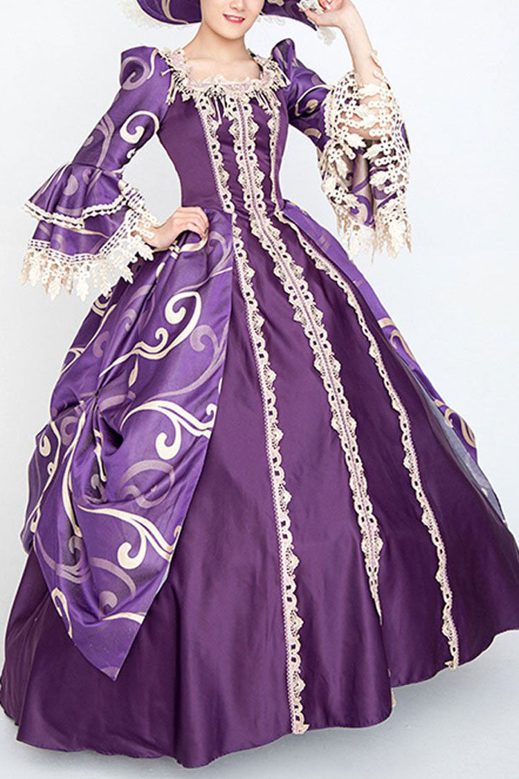 Purple Half Sleeves Trumpet Sleeves High Waisted Print Victorian Lolita Prom Dress - Purple - 1