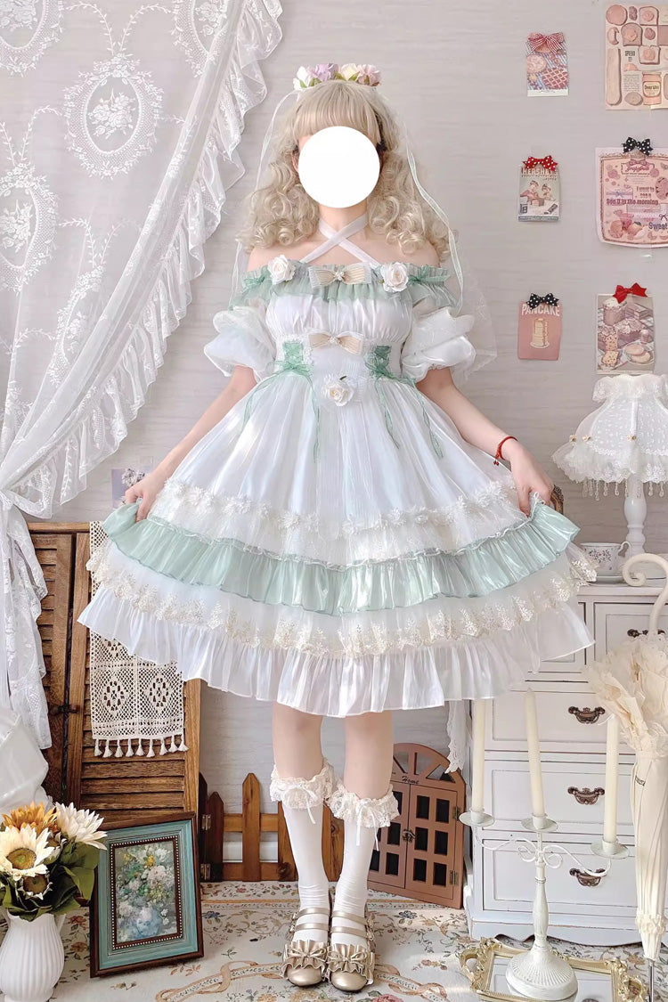 Green [Spring of Boliya] Long Sleeves Multi-Layered Ruffle Bowknot Lace Lace-Up Sweet Princess Lolita Dress - Product - 9