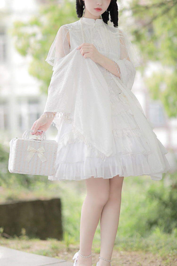 White Stand Collar Ruffle Chinese Qi Shawl Sweet Lolita Dress - White - 1
