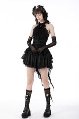 Black Off Shoulder Halterneck Lace Crinkle Women's Gothic Tank Top - Product - 7