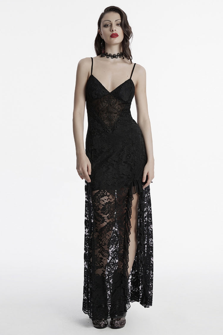 Black Sleeveless Plunging Split Hollow Embroidery Lace Women's Gothic Evening Slip Dress - Black - 1