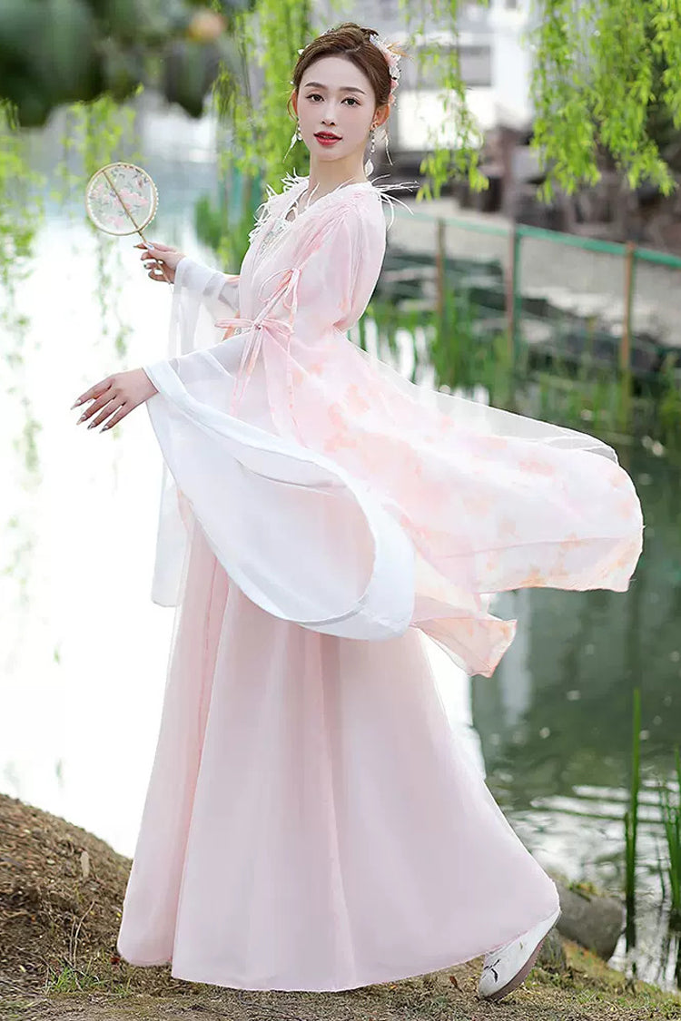 Pink V Collar High Waisted Lace-Up Women's Sweet Hanfu Dress - Product - 3