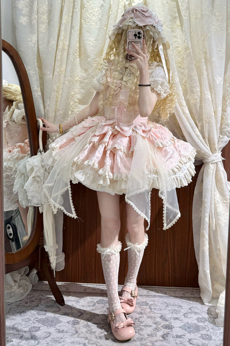 Pink Sleeveless Multi-Layered Ruffled Bow Sweet Princess Ballet Lolita Jsk Dress - Pink - 1