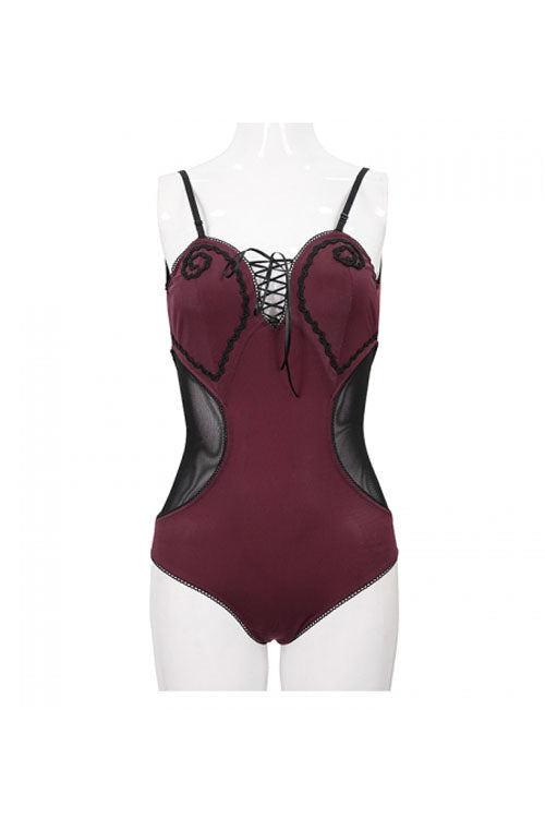 Wine Red Waist Splice Mesh Lace Up Gothic One Piece Swimsuit - Product - 13