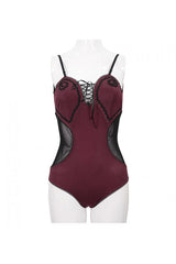Wine Red Waist Splice Mesh Lace Up Gothic One Piece Swimsuit - Product - 13