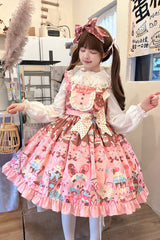 Pink [Bunny Tea Party] Sleeveless Print Ruffle Bowknot Daily Sweet Lolita Jsk Dress - Product - 3