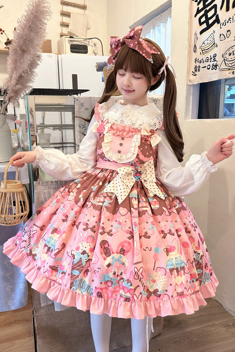 Pink [Bunny Tea Party] Sleeveless Print Ruffle Bowknot Daily Sweet Lolita Jsk Dress - Product - 3