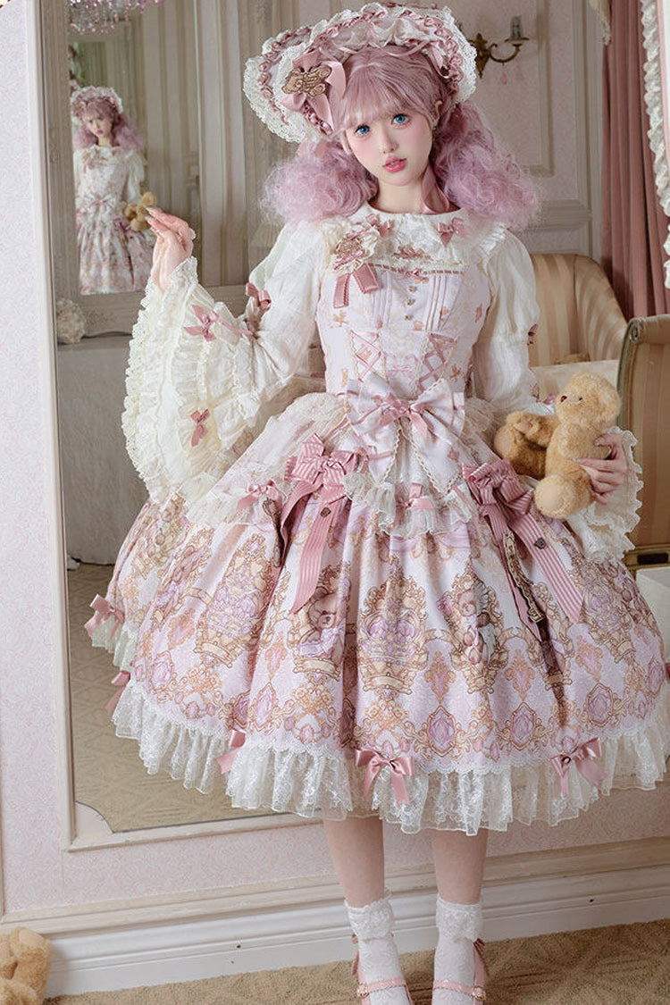 Pink [Antique Teddy Bear] Sleeveless Printed Bow Lace Sweet Elegant Lolita Jsk Dress - Product - 2