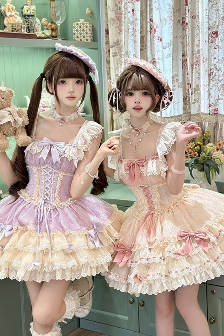 Purple [Flory Butterfly] Double-Layered Ruffle Bowknot Lace Lace-Up Sweet Ballet Lolita Jsk Dress - Product - 8