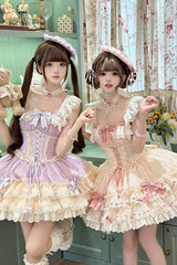 Apricot [Flory Butterfly] Double-Layered Ruffle Bowknot Lace Lace-Up Sweet Ballet Lolita Jsk Dress - Product - 2