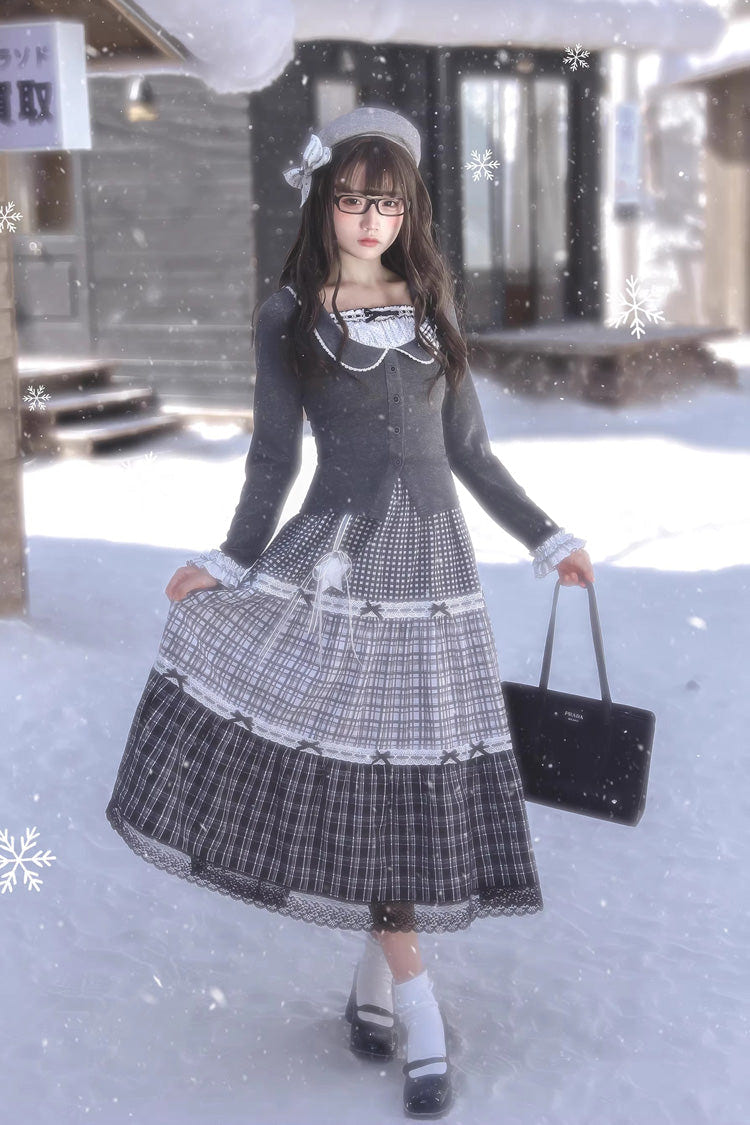 グレー [Star Candy] スクエアカラー 長袖 プリント Cut-Out レース 重ね着風 スウィートロリータスカートセット 商品画像