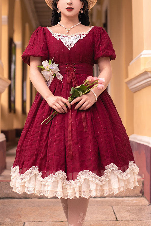 Wine Elegant Vintage Square Collar Short Sleeves Multi-Layer Ruffled Classic Lolita OP Dress - Wine - 1