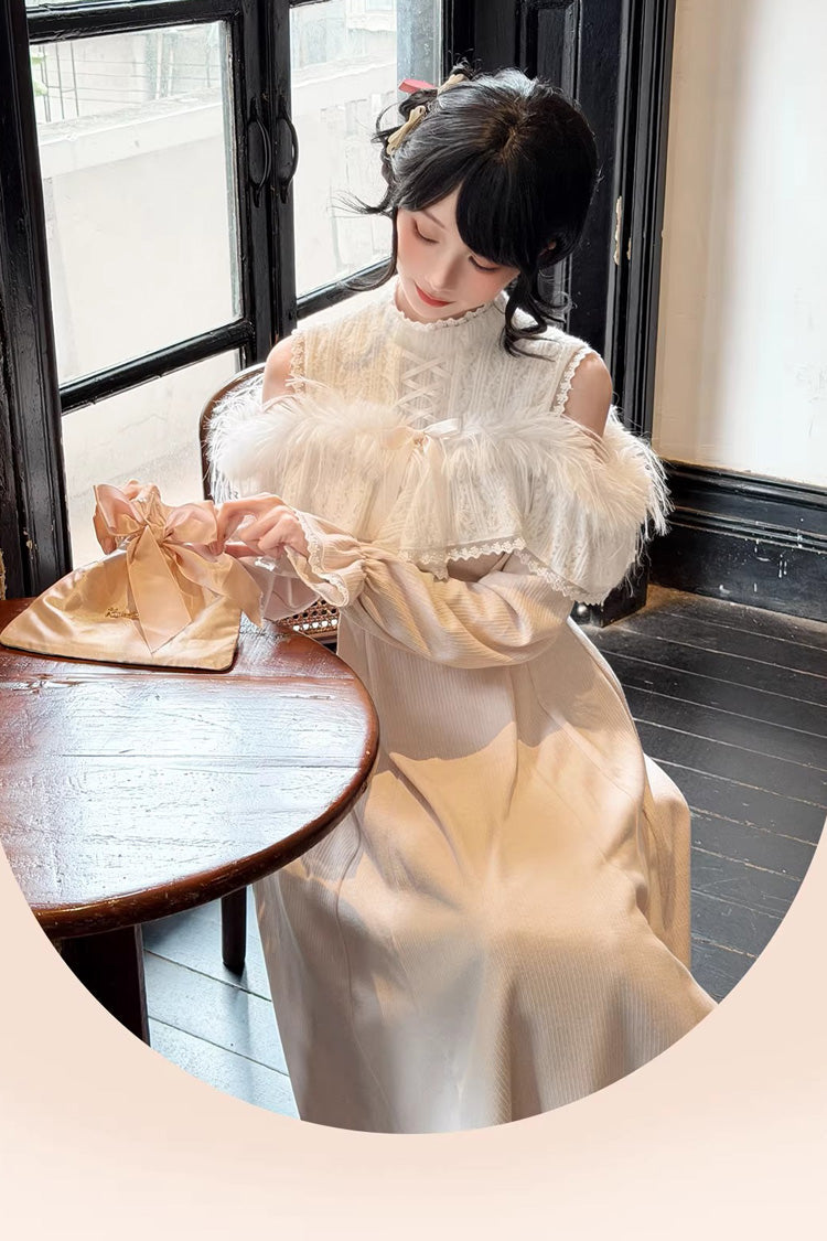 Pink [Little Love Song] Stand Collar Off Shoulder Long Sleeves Lace Sweet Japanese Elegant Lolita Long Dress - Product - 5