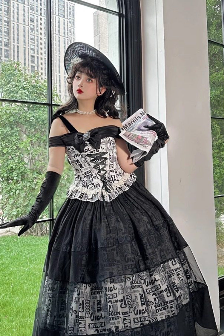 Black [Pin-Up Girl] Boat Neck Printed Ruffled Bow Lace-Up Asymmetric Gothic Elegant Lolita Skirt Set - Product - 9