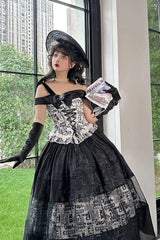 Black [Pin-Up Girl] Boat Neck Printed Ruffled Bow Lace-Up Asymmetric Gothic Elegant Lolita Skirt Set - Product - 9