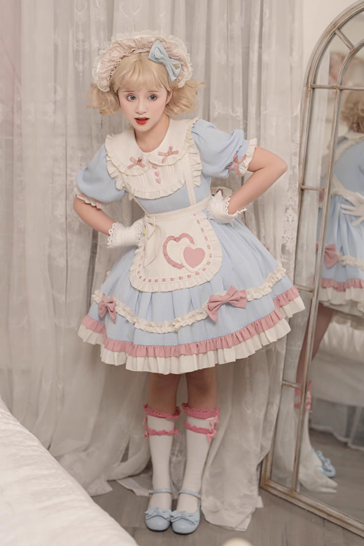 Blue Short Puff Sleeves Ruffle Bowknot Maid Sweet Princess Lolita Dress - Product - 5