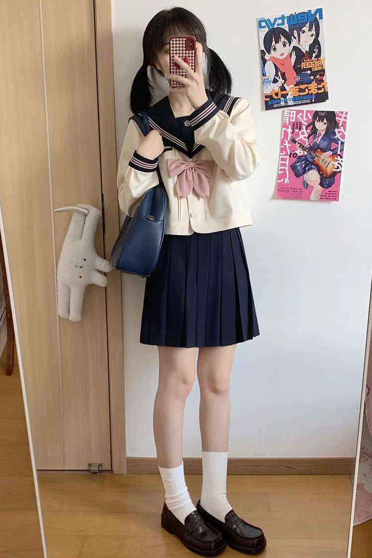Dark Blue/Ivory Sailor Collar Long Sleeves Sweet Japanese School Skirt Set - Product - 3