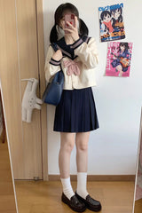 Dark Blue/Ivory Sailor Collar Long Sleeves Sweet Japanese School Skirt Set - Product - 3