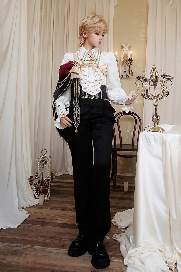 Black/White [Oath Knight] Lapel Collar Long Sleeves Ruffled Embroidered Gothic Ouji Lolita Set - Black/White(Set) - 1