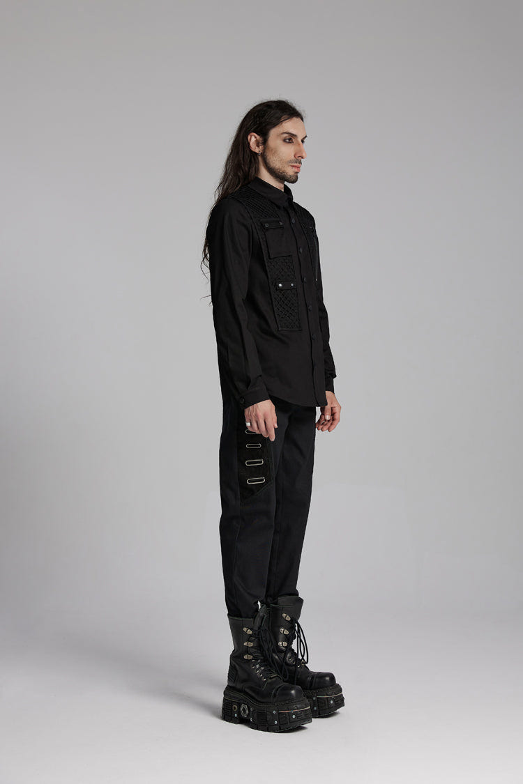 Black Lapel Collar Long Sleeves Zip Mesh Pocket Men's Punk Blouse - Product - 2