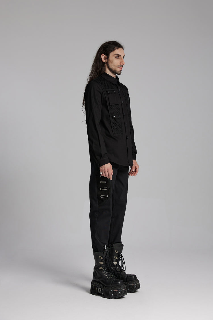 Black Lapel Collar Long Sleeves Zip Mesh Pocket Men's Punk Blouse - Product - 2