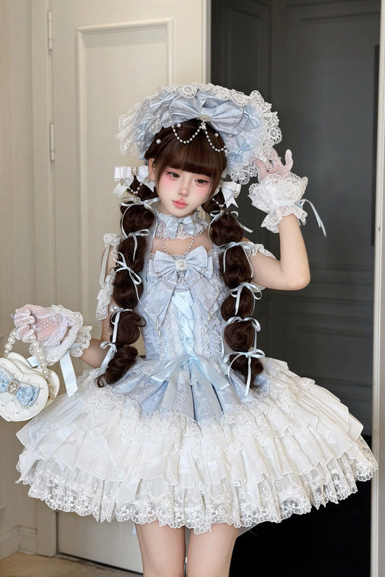 ブルー [Pearl Ballet] スクエアカラー ノースリーブ ティアード フリル リボン レースアップ パール-Decorated スウィート バレエ ロリータ ジャンパースカート（JSK） 商品画像