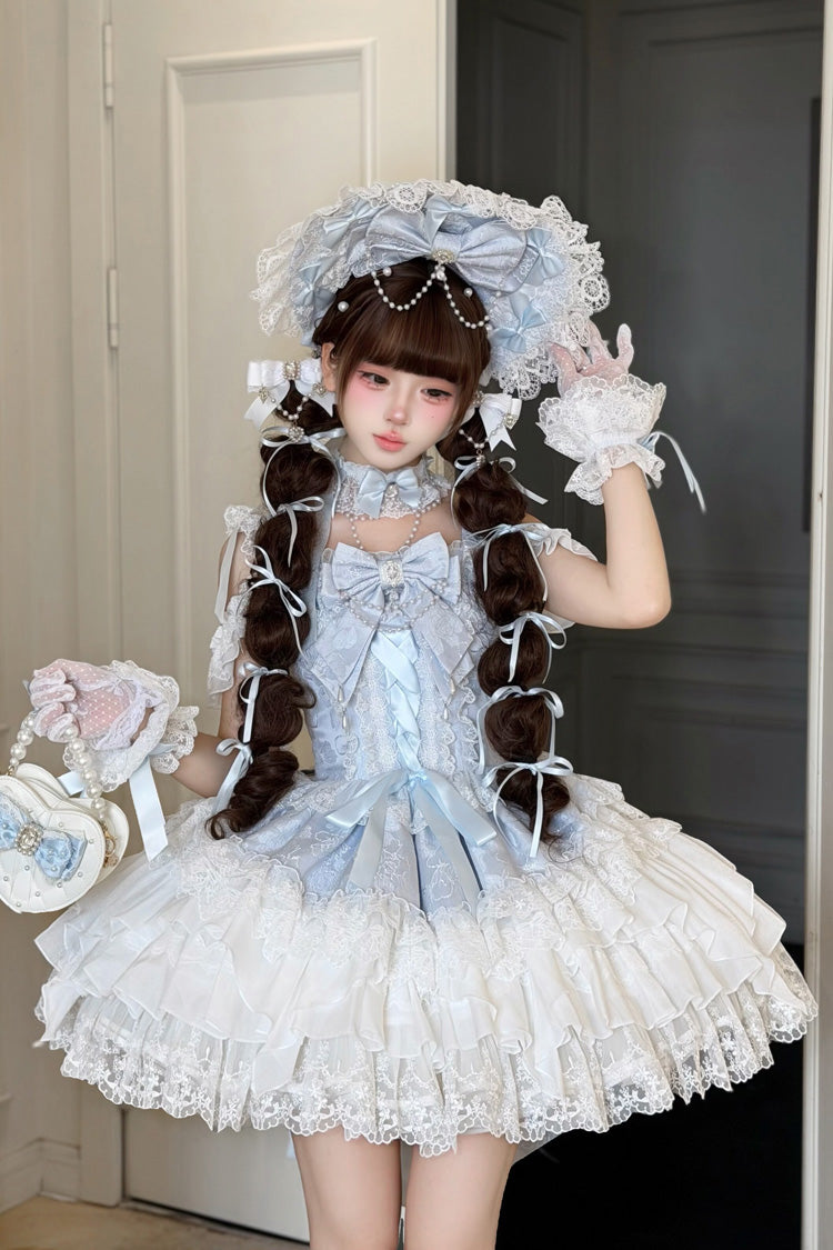 Blue [Pearl Ballet] Square Collar Sleeveless Multi-Layered Ruffled Bow Lace-Up Pearl-Decorated Sweet Ballet Lolita Jsk Dress - Product - 5