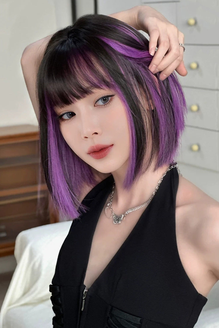 Y2K Black Base Purple Face Framing Highlights Straight Bob Sweet Lolita Wig with Blunt Bangs - Product - 2