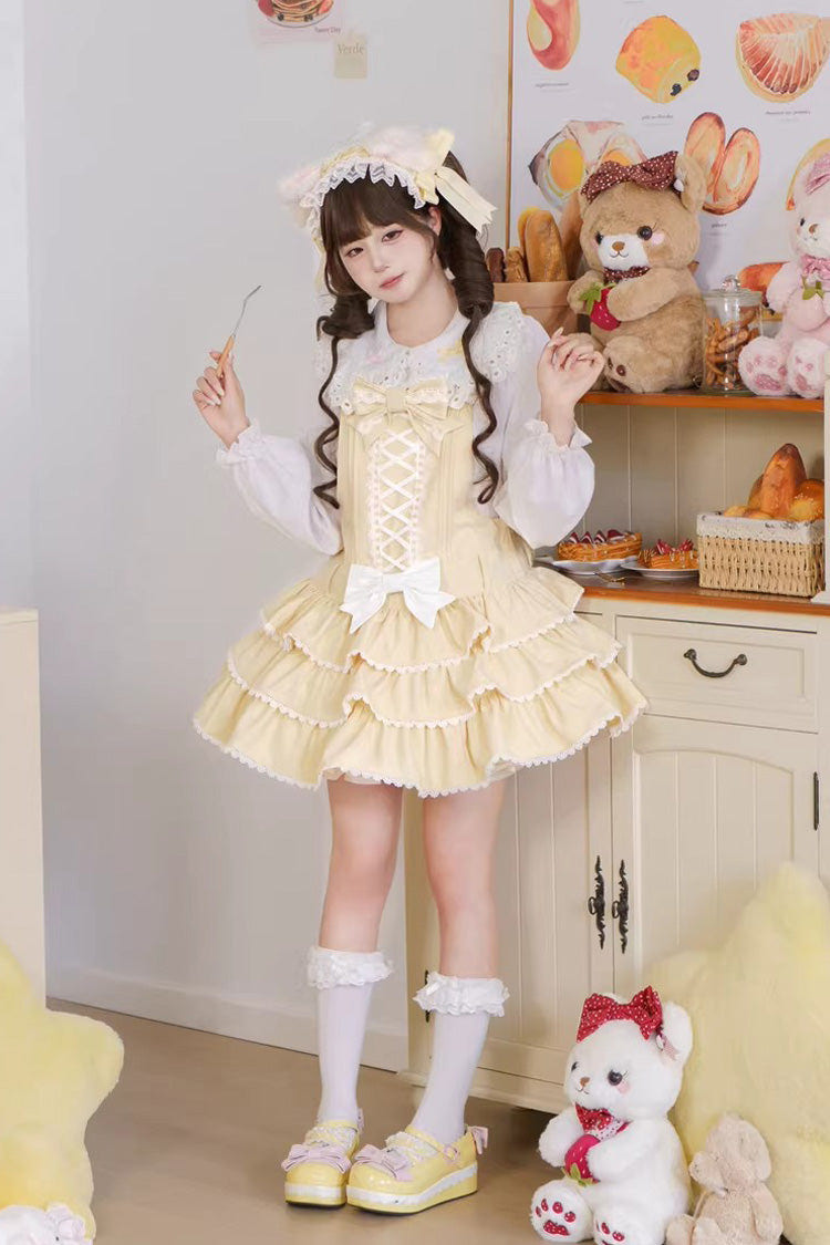 Yellow Nostalgic Showa Custard Cream Puff Sleeveless Triple-Layered Ruffled Bow Lace-Up Tiered Cake Sweet Jsk Dress - Product - 7