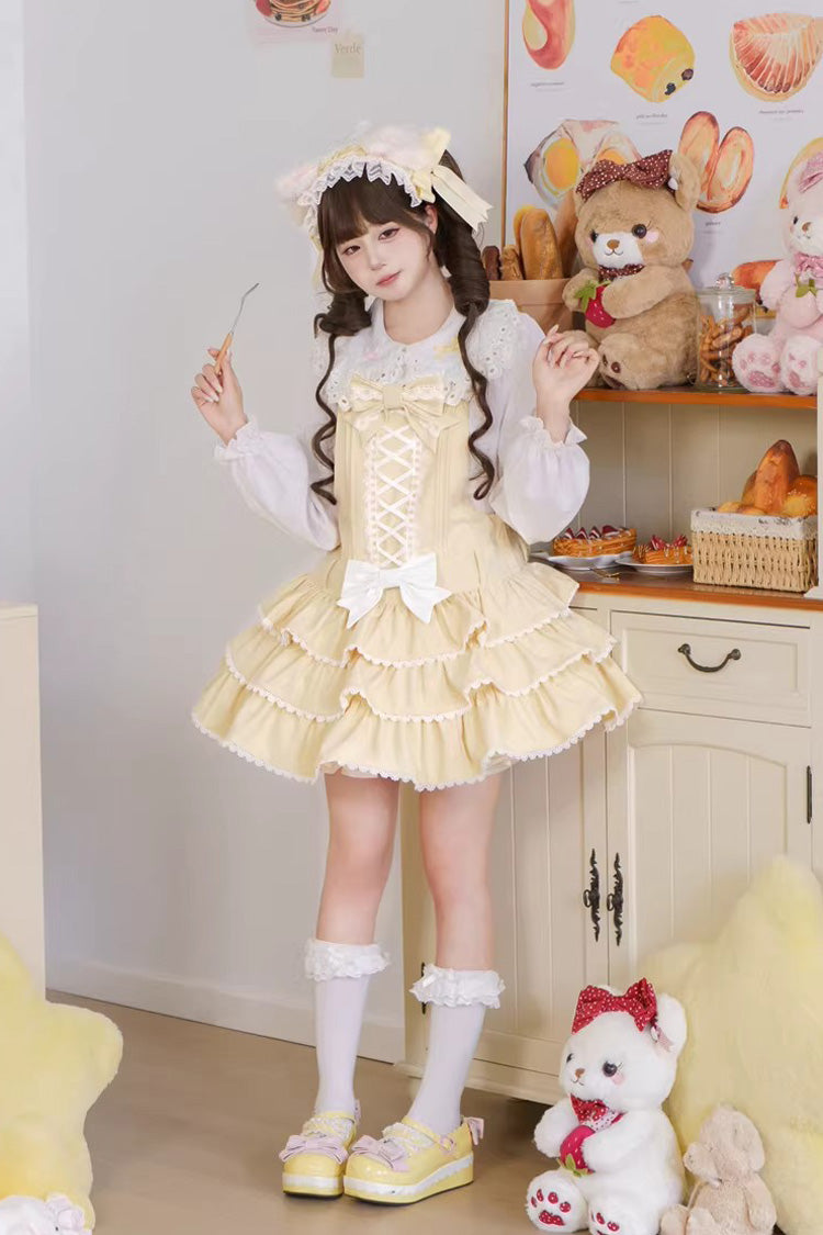 Yellow Nostalgic Showa Custard Cream Puff Sleeveless Triple-Layered Ruffled Bow Lace-Up Tiered Cake Sweet Jsk Dress - Product - 7