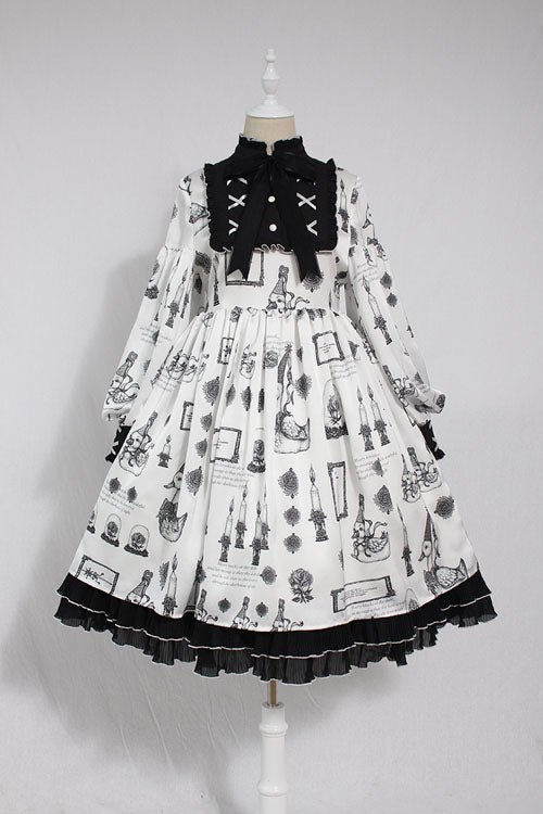 White Christian Pious Duck Print Long Sleeves Bowknot Sweet Lolita OP Dress - White - 1