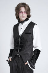 Black Sleeveless Floral Embroidery Stitching Velvet Men's Gothic Vest - Product - 2