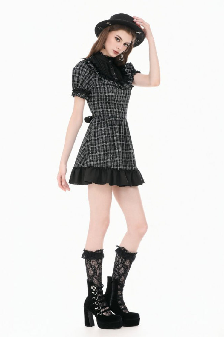 Black/White Plaid Stand Collar Short Puff Sleeves Ruffled  Lace Lace-Up Women's Lolita Gothic Dress - Product - 12