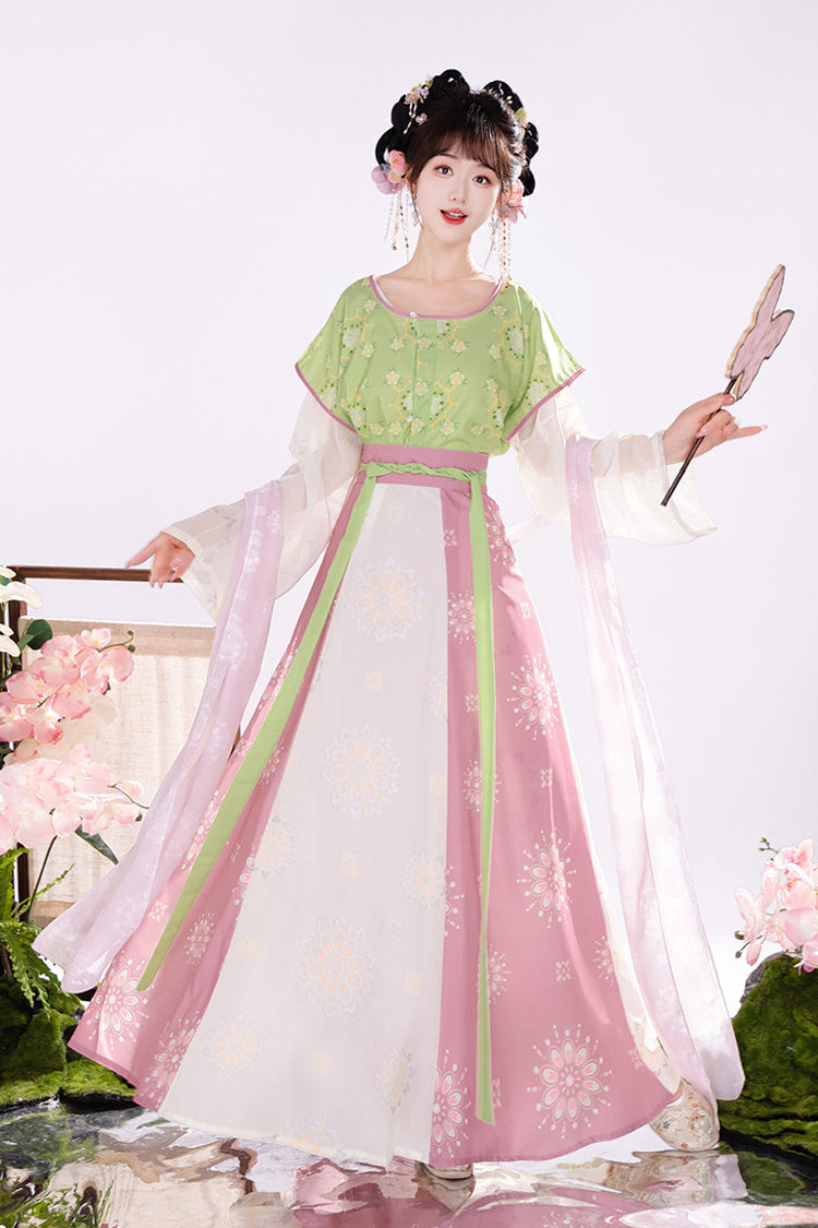 Pink/Green Round Collar Short Sleeves High Waisted Print Women's Chinese Style Hanfu Dress Full Set - Pink/Green - 1