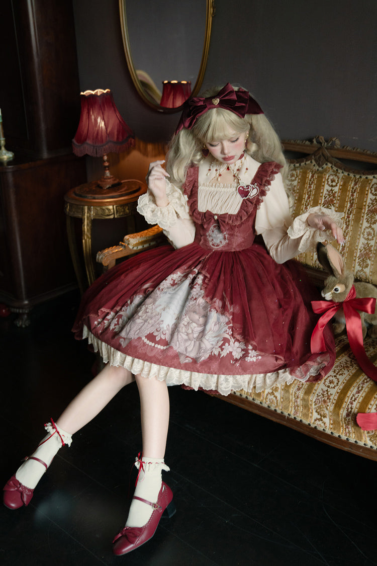 Red Bunny Tea Party Print Ruffle Bowknot Sweet Lolita Jsk Dress - Product - 8