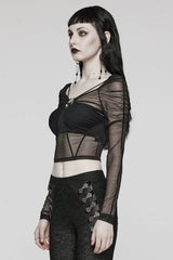 Black Square Collar Long Sleeves Transparent Lace-Up Womens Gothic T-Shirt - Product - 2