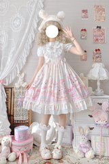Ivory Cute Cat Print High Waisted Ruffle Bowknot Sweet Princess Lolita JSK Dress - Product - 4