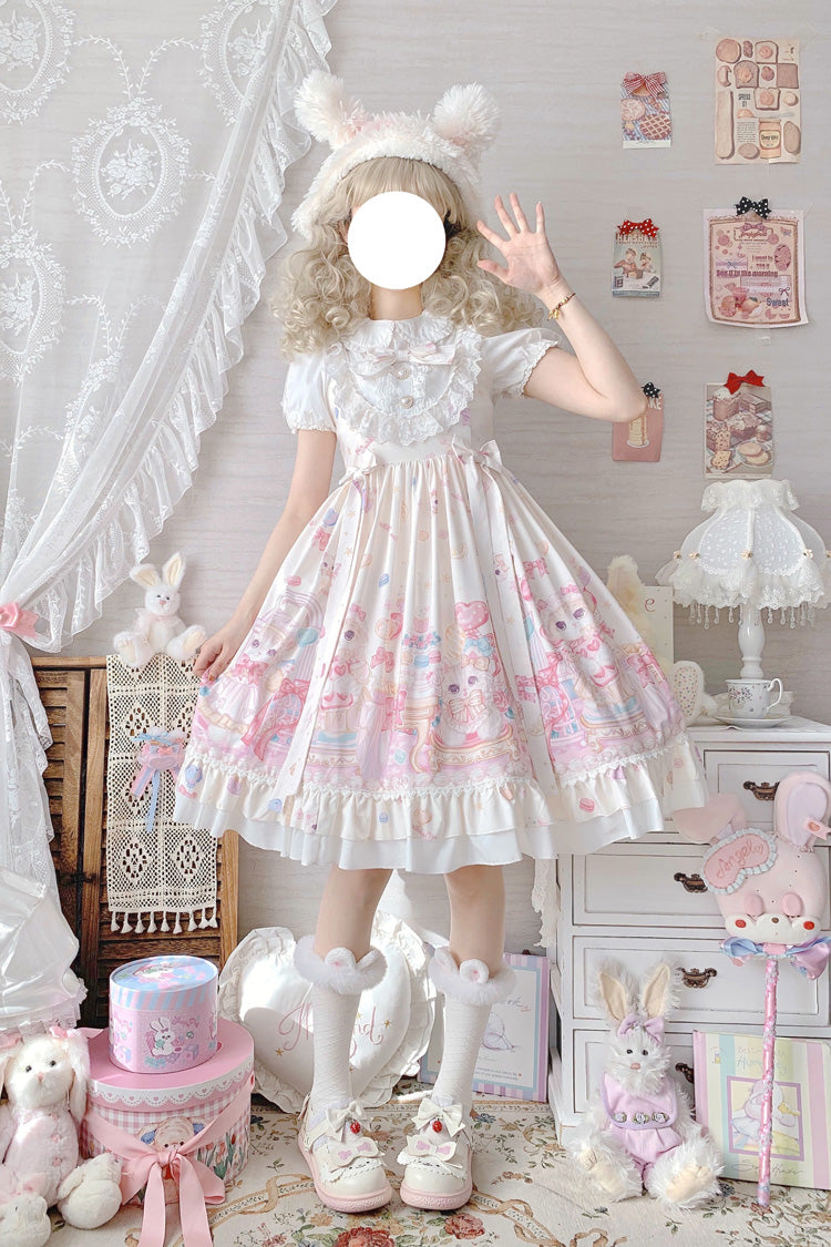 Ivory Cute Cat Print High Waisted Ruffle Bowknot Sweet Princess Lolita JSK Dress - Product - 4
