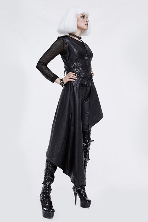 Black Zipper Up Asymmetric Sleeveless Womens Punk Rock Mid Length Leather Dress - Product - 4