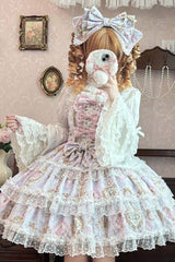 Purple [Candelabrum Elegy] Sleeveless Triple-Layered Flower Wall Printed Ruffled Bow Lace Sweet Lolita Jsk Dress - Product - 4