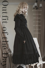 Black [Good Night] Long Sleeves Double-Layered Ruffle Bowknot Lace-Up Holy Gothic Lolita Dress - Product - 2